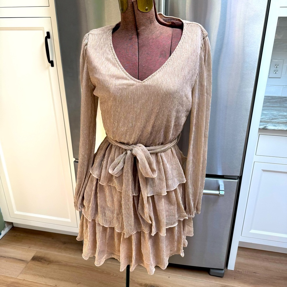 Gently used, Elegant shimmery gold w.beige(under) Tiered Dress, smoke free home!
